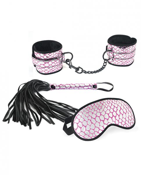 Spartacus Faux Leather Wrist Restraints Blindfold & Flogger Bondage Kit