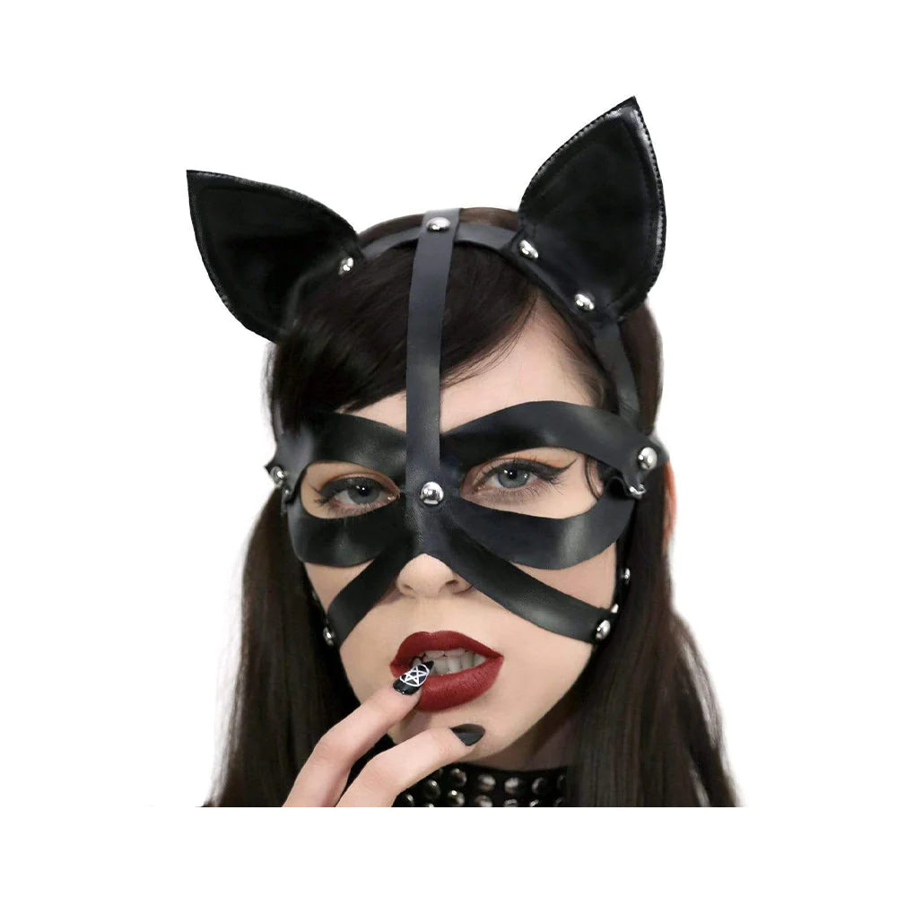Wet Look Harness Cat Mask Black